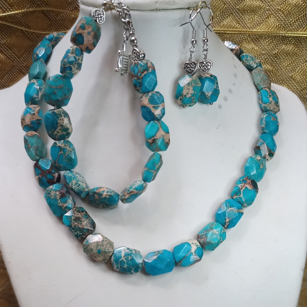 Blue Jasper Beaded Necklace, Bracelet and Earring Set